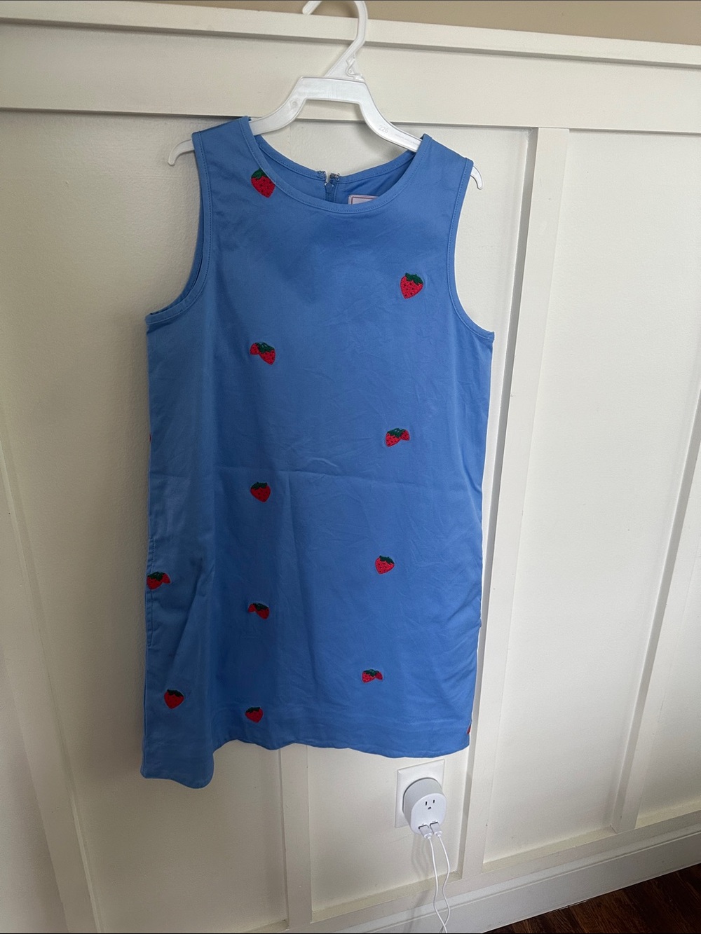 Classic Prep Blue Sleeveless Dress with Red Strawberry Embroidery